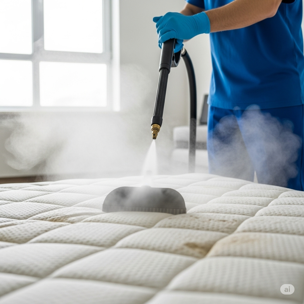el servicio de lavado a vapor de colchones.
Busca mostrar de manera clara y profesional cómo se realiza este proceso, resaltando la limpieza y la tecnología utilizada (el vapor) para desinfectar y mantener los colchones en óptimas condiciones.
